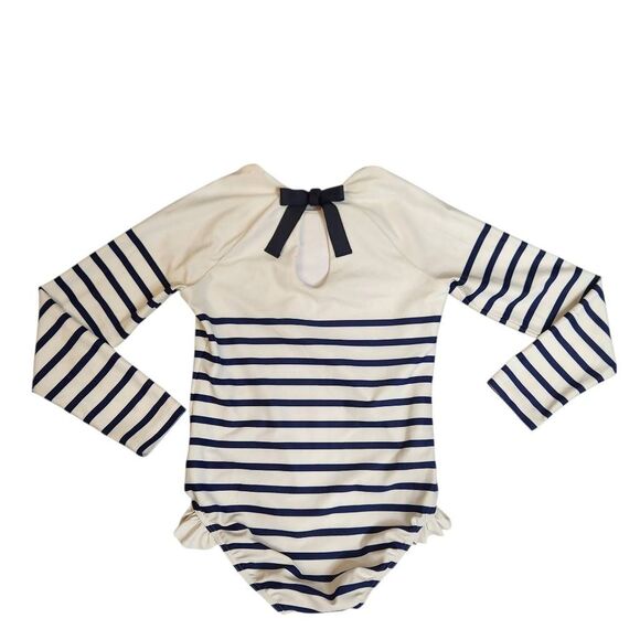 Minnow Swimsuit Girls 9/10 Breton Stripe Rashguard One Piece - Picture 2 of 4